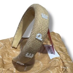 NWT Repeller The June Headband Tan Woven Raffia Padded Letter Charms
